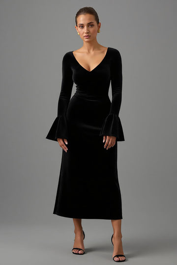 Robe longue formelle à manches longues en velours fourreau noir à col en V